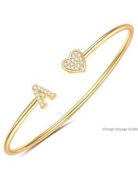 14k Gold Plated Initial Bangle Bracelet Non Tarnish